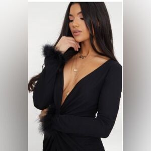 Long Sleeve Bodycon Dress with Feathered Sleeves and deep plunge